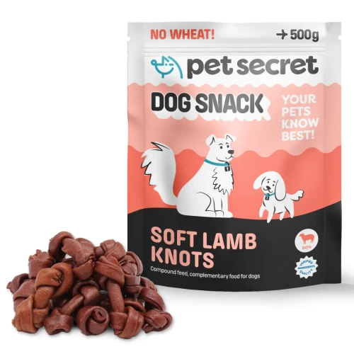 Przysmak dla psa Pet Secret – miękkie węzełki z jagnięciną 500 g prezentowane wraz z opakowaniem i naturalną formą produktu.