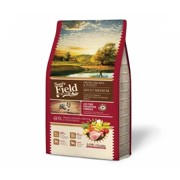 Sucha karma dla psa dorosłego średnich ras – kurczak i ziemniaki 2,5 kg Low Grain Sam’s Field