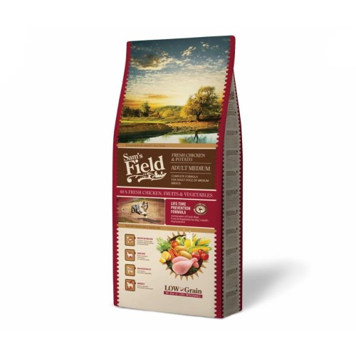Sucha karma dla psa dorosłego średnich ras – kurczak i ziemniaki 13 kg Low Grain Sam’s Field