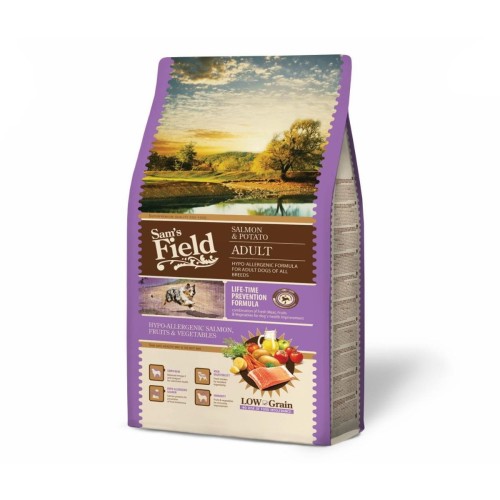 Sucha karma hipoalergiczna dla psa dorosłego – łosoś i ziemniaki 2,5 kg Low Grain Sam’s Field