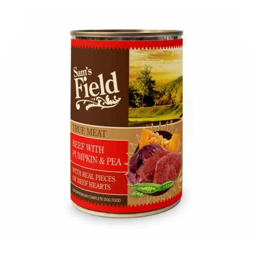 Mokra karma dla psa dorosłego – wołowina z dynią i groszkiem 400g Sam’s Field