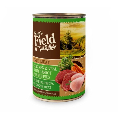 Mokra karma dla szczeniąt – kurczak z cielęciną i marchewką 400g Sam’s Field