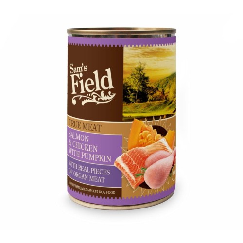 Mokra karma dla psa dorosłego – łosoś z kurczakiem i dynią 400g Sam’s Field