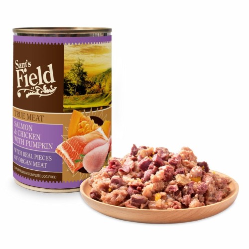 Mokra karma dla psa dorosłego – łosoś z kurczakiem i dynią 400g Sam’s Field