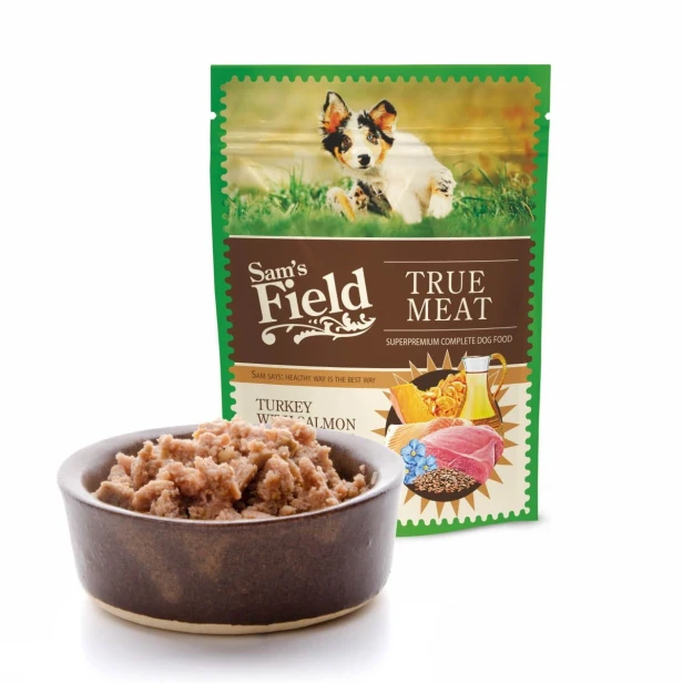 Mokra karma dla szczeniąt – indyk z łososiem i olejem lnianym 260 g Sam’s Field True Meat