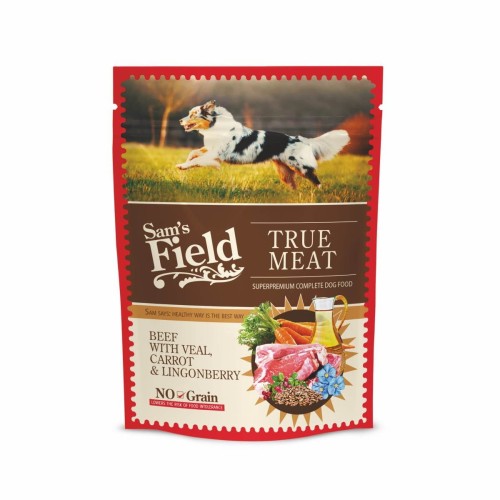 Mokra karma dla psa dorosłego – wołowina z cielęciną, marchewką i żurawiną 260g Sam’s Field True Meat