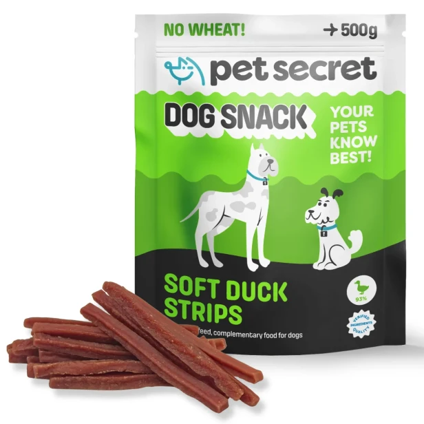 Przysmak dla psa Pet Secret z kaczką 500 g – miękkie paski idealne jako codzienna nagroda dla pupila.