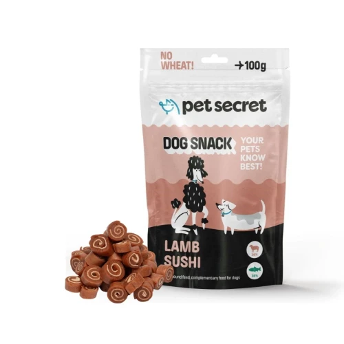 Opakowanie i zawartość przysmaku Sushi z jagnięciną 100g Pet Secret dla psa