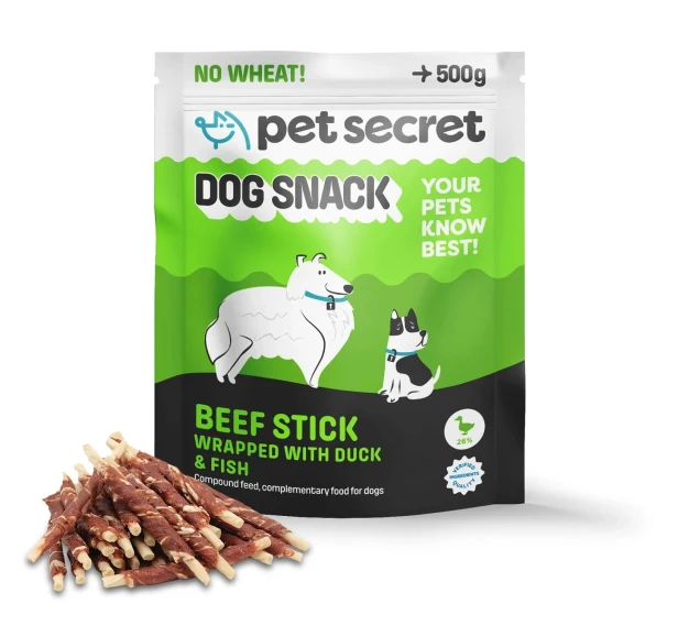 Opakowanie Pałeczek wołowych z kaczką i rybą 500g Pet Secret – naturalny przysmak dla psa