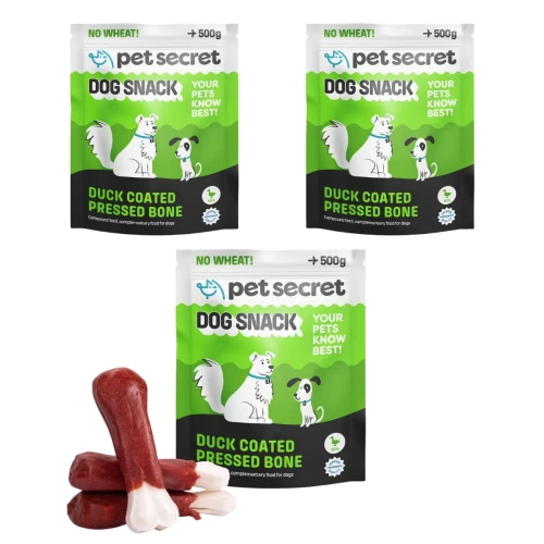 Trzy opakowania przysmaku Pet Secret – Kość prasowana biała z kaczką 3x500g