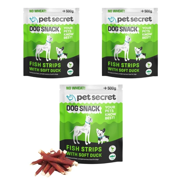 Trzy opakowania przysmaku Pet Secret – Paluszki rybne z kaczką 3x500g