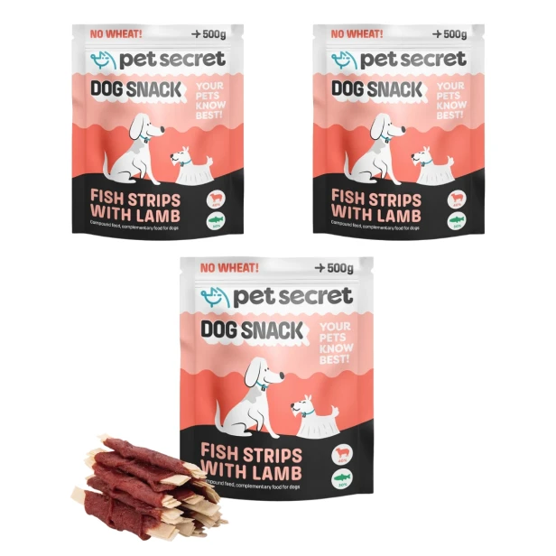 Trzy opakowania przysmaku Pet Secret – Paluszki rybne z jagnięciną 3x500g