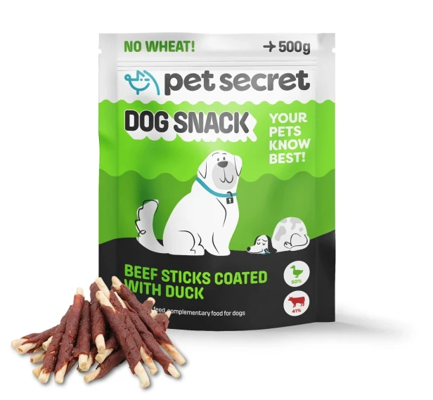 Opakowanie Pałeczek wołowych oblanych kaczką 500g Pet Secret – naturalny przysmak dla psa