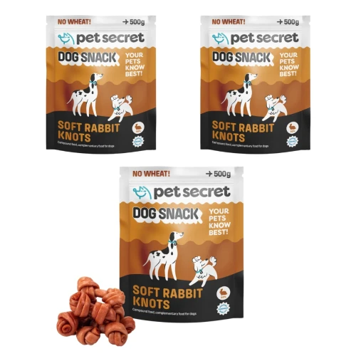 Trzy opakowania przysmaku Pet Secret – Miękkie węzełki z królika 3x500g