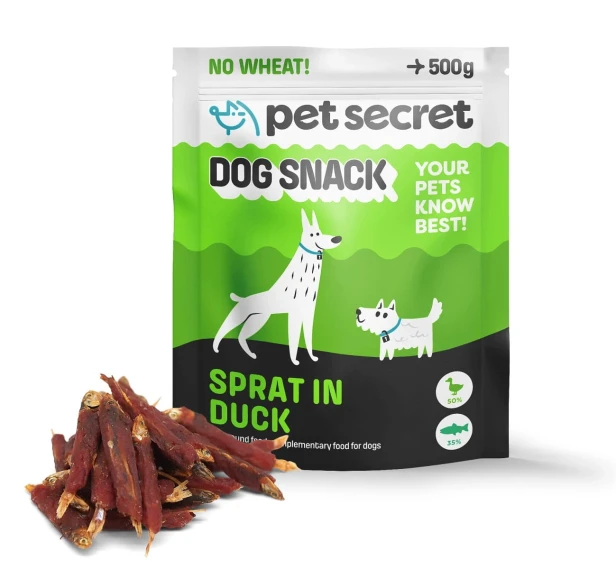 Opakowanie Szprotek owiniętych w kaczkę 500g Pet Secret – naturalny przysmak dla psa