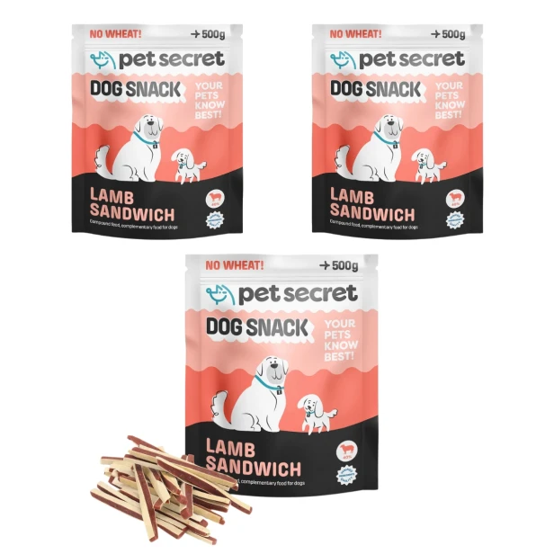 Trzy opakowania przysmaku Pet Secret – Paski z jagnięciną 3x500g