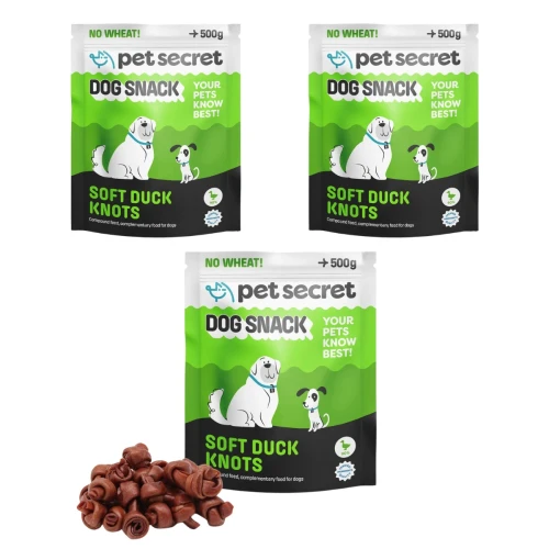 Trzy opakowania przysmaku Pet Secret – Miękkie węzełki z kaczki 3x500g