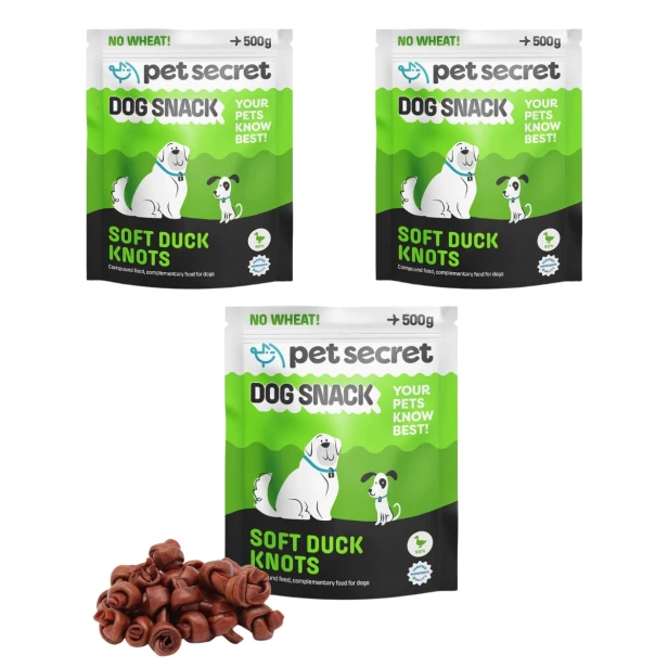 Trzy opakowania przysmaku Pet Secret – Miękkie węzełki z kaczki 3x500g