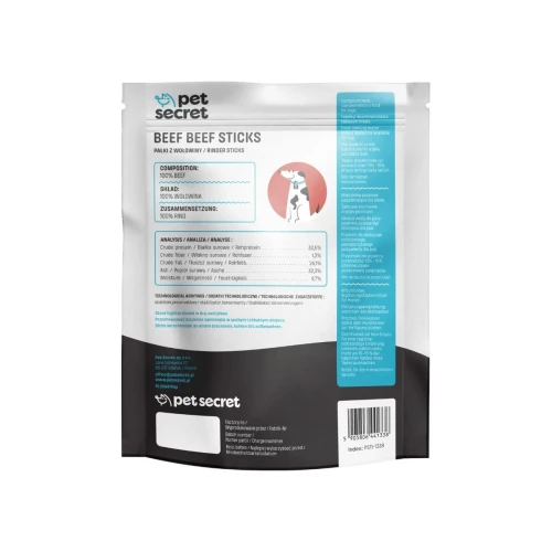 Tył opakowania wraz z składem naturalnego przysmaku Pet Secret Nature Snack Beef Strips 500g