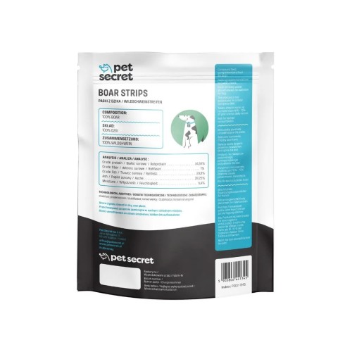 Tył opakowania wraz z składem naturalnego przysmaku- Pet Secret Nature Snack – Boar Strips 500 g