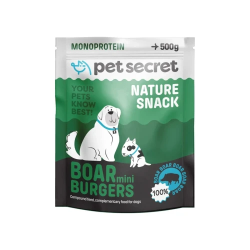 Opakowanie naturalnego przysmaku- Pet Secret Nature Snack – Boar Mini Burgers 500 g