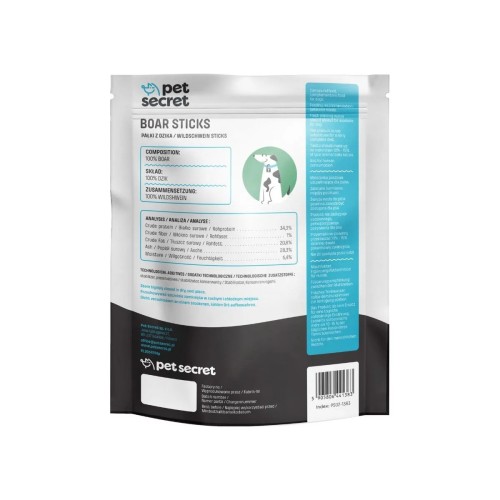Tył opakowania wraz z składem naturalnego przysmaku- Pet Secret Nature Snack – Boar Sticks 500 g