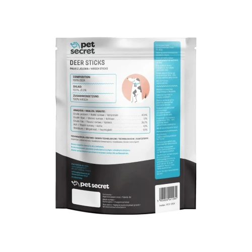 Tył opakowania wraz z składem, naturalnego przysmaku- Pet Secret Nature Snack – Deer Sticks 500 g