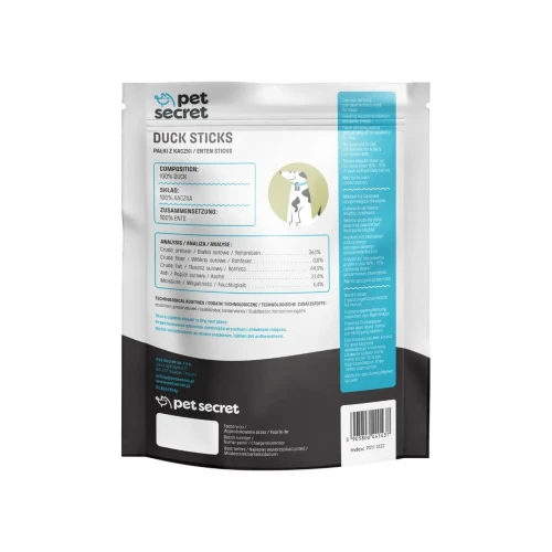 Tył opakowania wraz z składem, naturalnego przysmaku- Pet Secret Nature Snack – Duck Strips 500 g