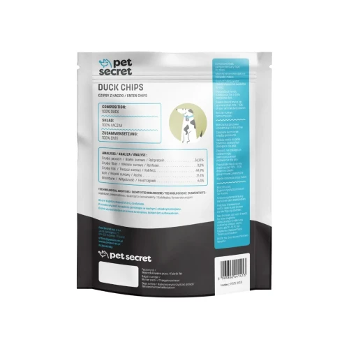 Tył opakowania wraz z składem naturalnego przysmaku- Pet Secret Nature Snack – Duck Chips 500 g