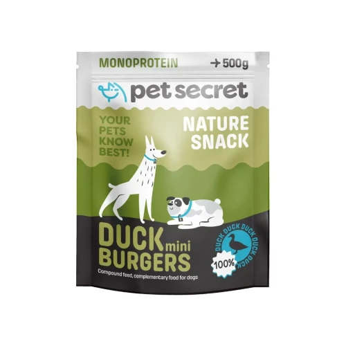 Opakowanie naturalnego przysmaku- Pet Secret Nature Snack – Duck Mini Burgers 500 g