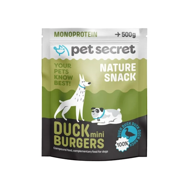 Opakowanie naturalnego przysmaku- Pet Secret Nature Snack – Duck Mini Burgers 500 g