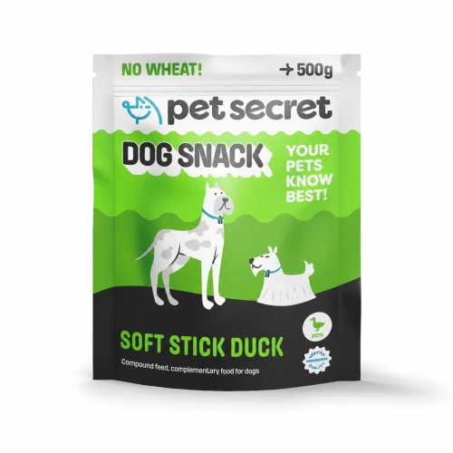 Paluszki z kaczką Pet Secret 500 g – smakowity przysmak dla psa w praktycznym, szczelnym opakowaniu.