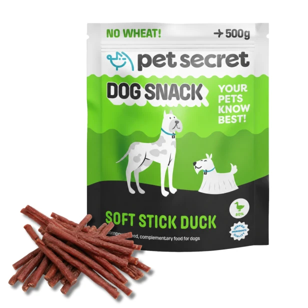 Przysmak dla psa Pet Secret – paluszki z kaczką 500 g prezentowane wraz z opakowaniem i naturalną formą produktu.