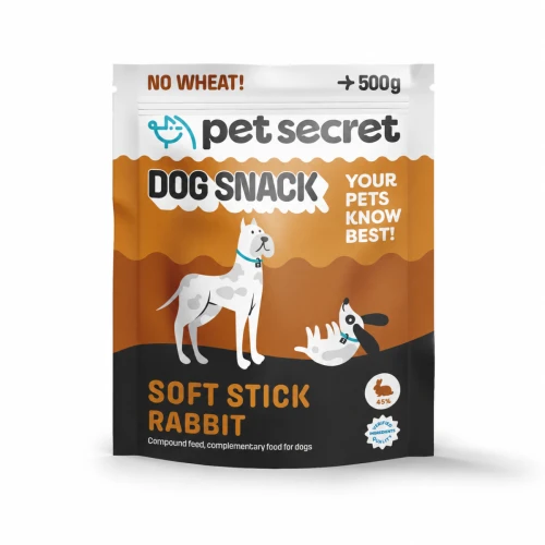Paluszki z królikiem Pet Secret 500 g – smakowity przysmak dla psa w praktycznym, szczelnym opakowaniu.