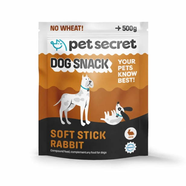 Paluszki z królikiem Pet Secret 500 g – smakowity przysmak dla psa w praktycznym, szczelnym opakowaniu.