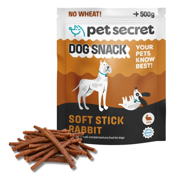Przysmak dla psa Pet Secret – paluszki z królikiem 500 g prezentowane wraz z opakowaniem i naturalną formą produktu.