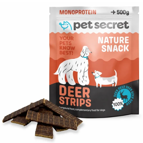 Opakowanie Pet Secret Nature Snack - Deer Strips 500 g, naturalny przysmak dla psa