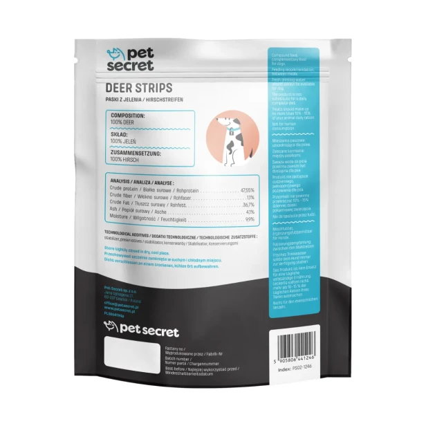 Opakowanie Pet Secret Nature Snack - Deer Strips 500 g, naturalny przysmak dla psa